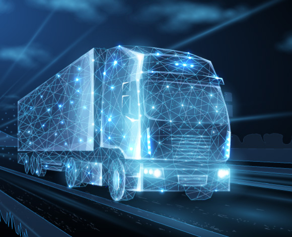 futuristic truck with glowing geometric lines on a dark road representing transportation technology for 7 solutions and logistics