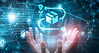 hands holding a digital package surrounded by technology and data visualizations related to logistics and delivery processes emphasizing smart solutions for 13 tasks