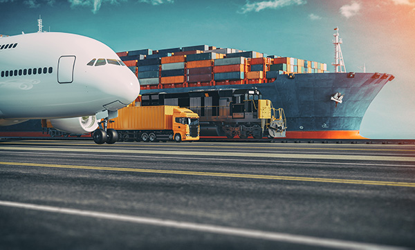 airplane on runway with cargo ship and truck in the background showcasing efficient transportation logistics for global trade operations